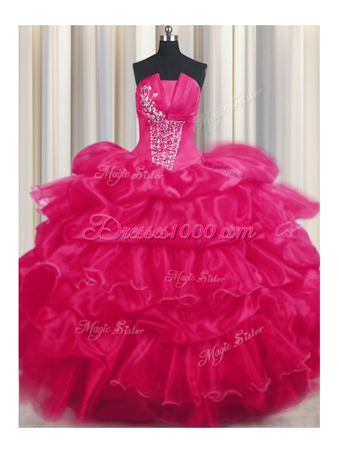 Hot Pink Lace Up Vestidos de Quinceanera Beading and Ruffled Layers and Pick Ups Sleeveless Floor Length