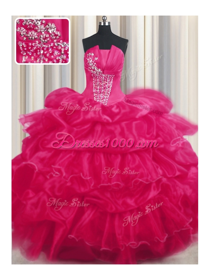Hot Pink Lace Up Vestidos de Quinceanera Beading and Ruffled Layers and Pick Ups Sleeveless Floor Length