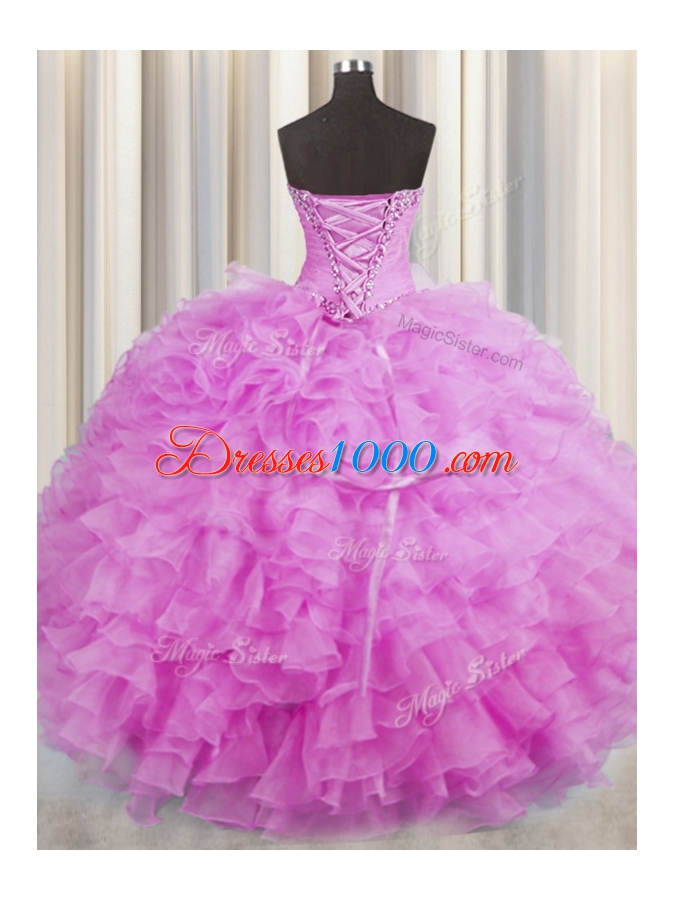 Lilac Ball Gowns Sweetheart Sleeveless Organza Floor Length Lace Up Beading and Ruffles Quinceanera Dress