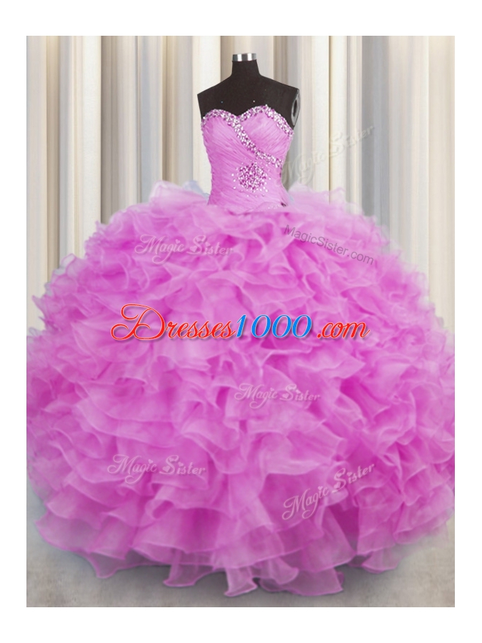 Lilac Ball Gowns Sweetheart Sleeveless Organza Floor Length Lace Up Beading and Ruffles Quinceanera Dress