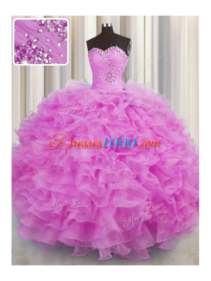 Lilac Ball Gowns Sweetheart Sleeveless Organza Floor Length Lace Up Beading and Ruffles Quinceanera Dress