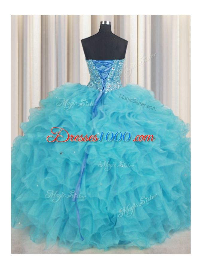 Luxurious Visible Boning Baby Blue Sweetheart Neckline Beading and Ruffles Quinceanera Dress Sleeveless Lace Up