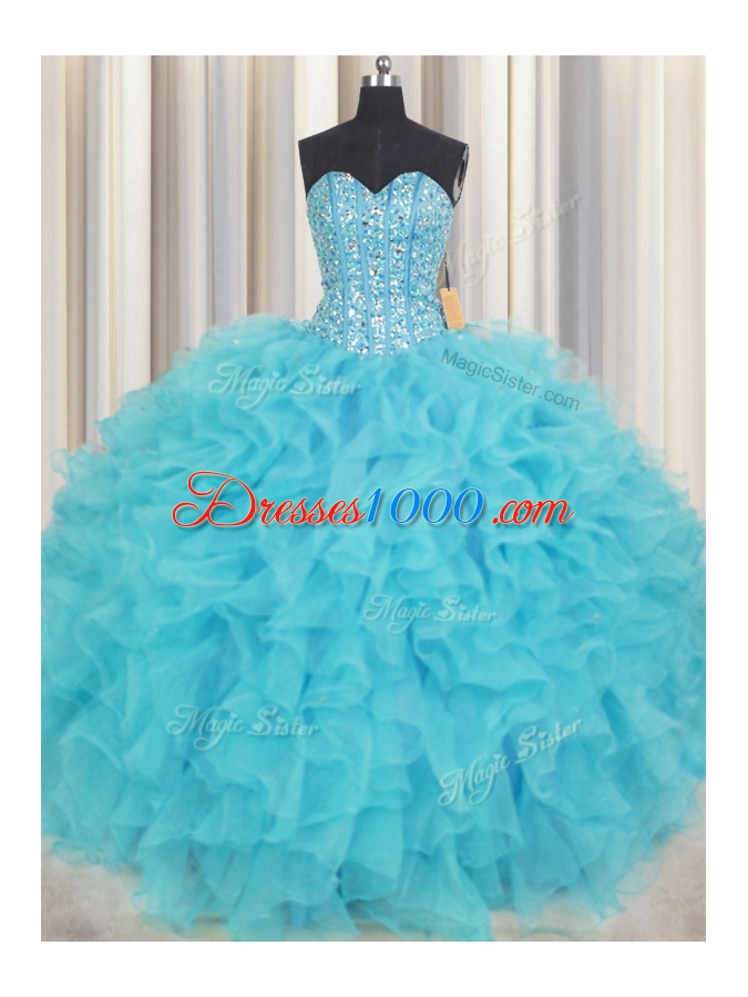 Luxurious Visible Boning Baby Blue Sweetheart Neckline Beading and Ruffles Quinceanera Dress Sleeveless Lace Up