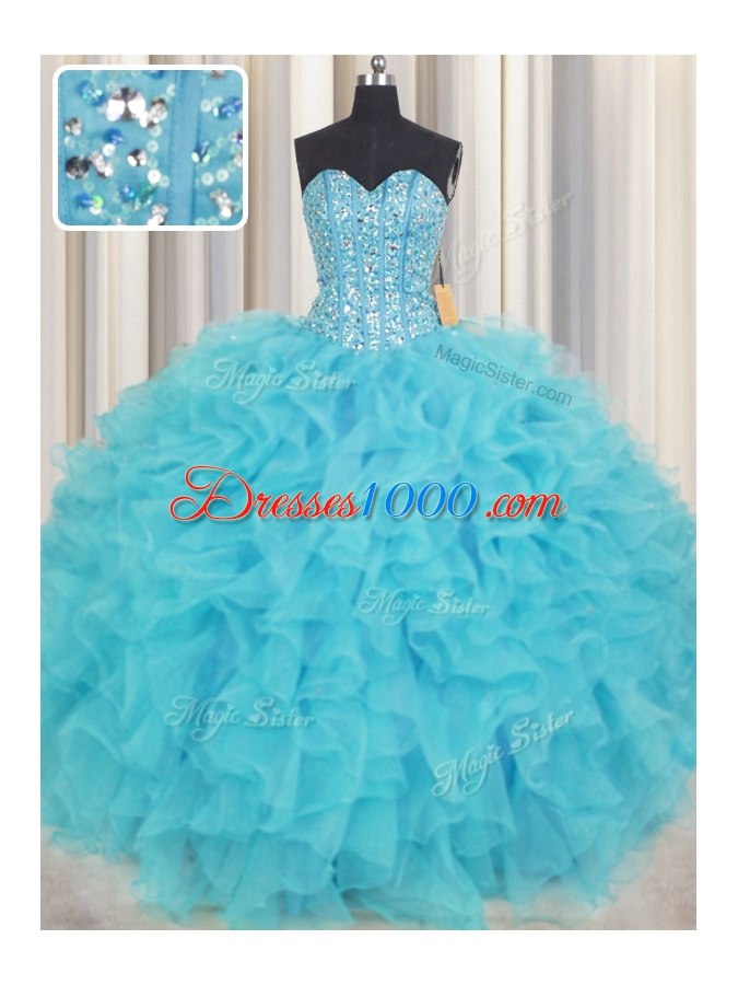 Luxurious Visible Boning Baby Blue Sweetheart Neckline Beading and Ruffles Quinceanera Dress Sleeveless Lace Up