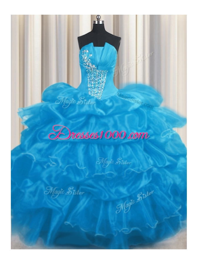 Modern Pick Ups Baby Blue Sleeveless Organza Lace Up Quinceanera Gown for Military Ball and Sweet 16 and Quinceanera