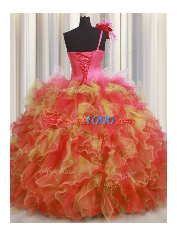 One Shoulder Handcrafted Flower Floor Length Ball Gowns Sleeveless Multi-color 15 Quinceanera Dress Lace Up