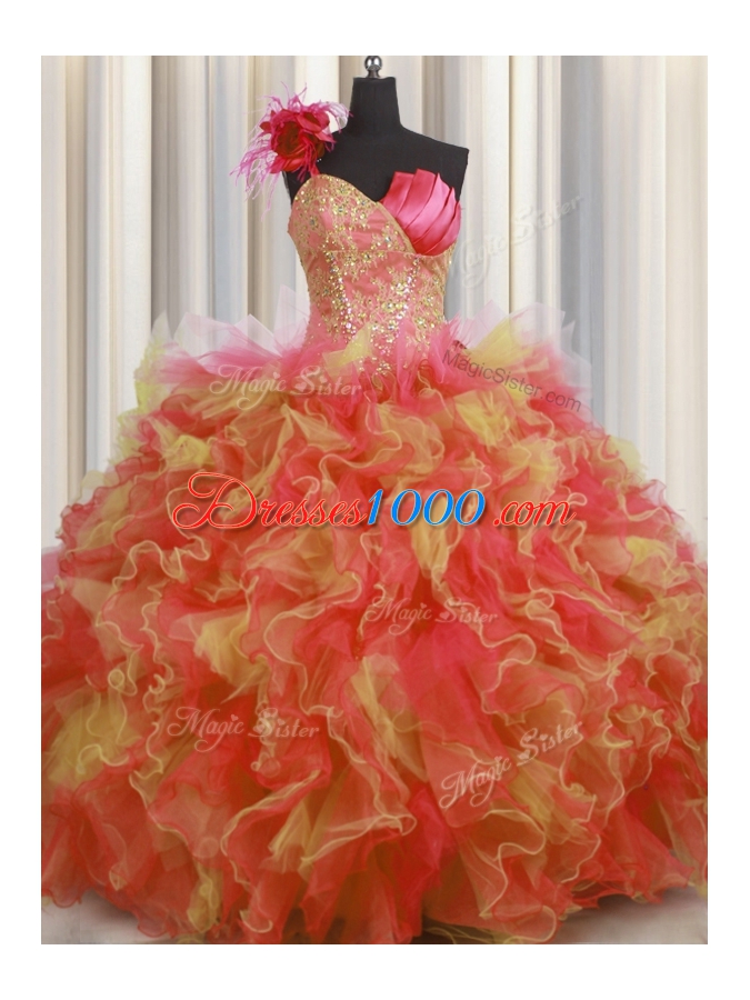 One Shoulder Handcrafted Flower Floor Length Ball Gowns Sleeveless Multi-color 15 Quinceanera Dress Lace Up