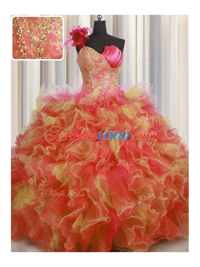 One Shoulder Handcrafted Flower Floor Length Ball Gowns Sleeveless Multi-color 15 Quinceanera Dress Lace Up