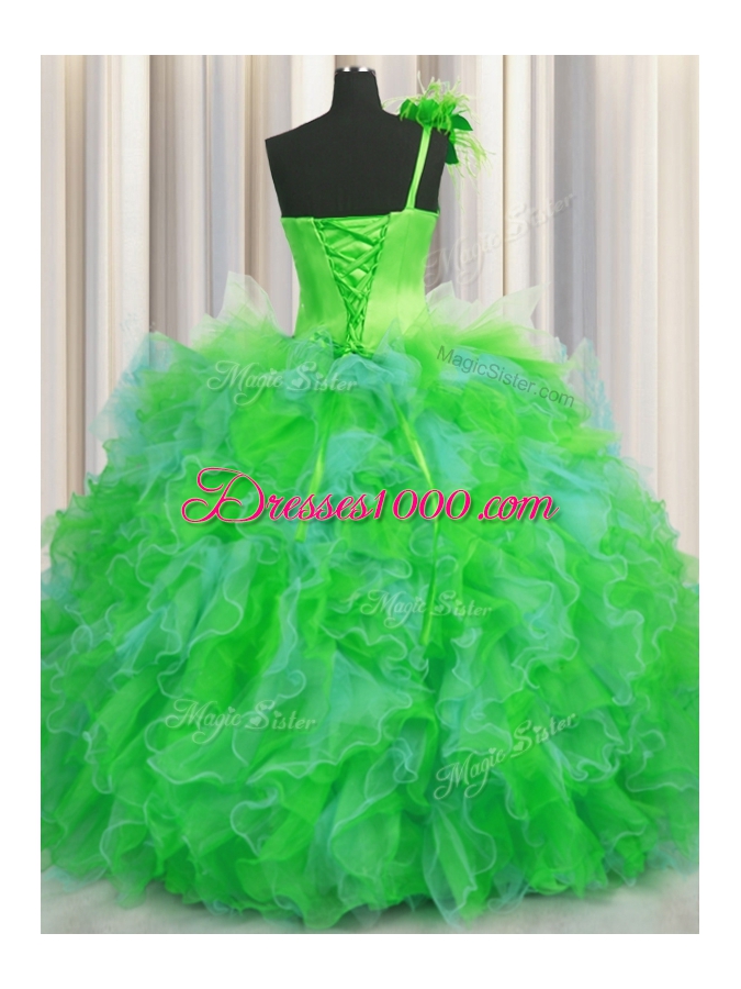 One Shoulder Handcrafted Flower Multi-color Sleeveless Beading and Ruffles and Hand Made Flower Floor Length Sweet 16 Quinceanera Dress