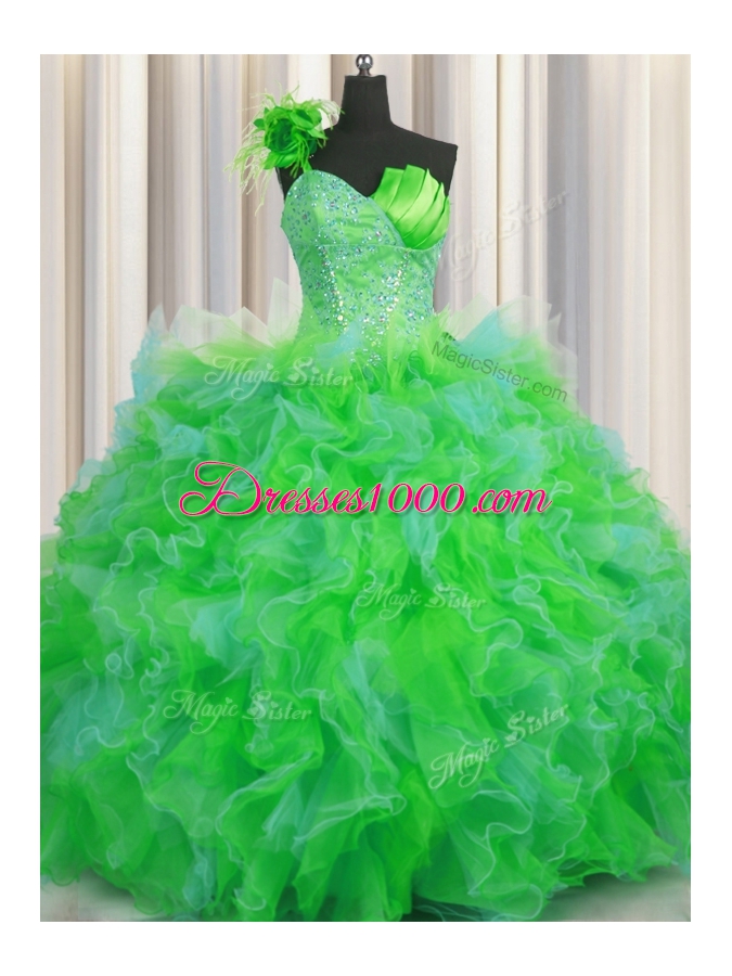 One Shoulder Handcrafted Flower Multi-color Sleeveless Beading and Ruffles and Hand Made Flower Floor Length Sweet 16 Quinceanera Dress