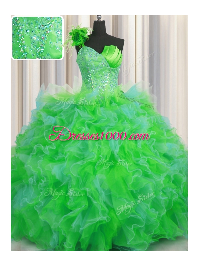 One Shoulder Handcrafted Flower Multi-color Sleeveless Beading and Ruffles and Hand Made Flower Floor Length Sweet 16 Quinceanera Dress