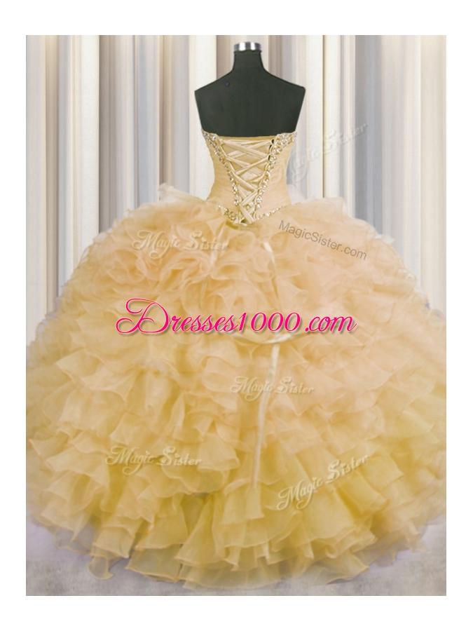 Organza Sweetheart Sleeveless Lace Up Beading and Ruffles Quinceanera Gown in Gold