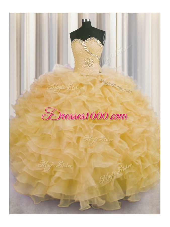 Organza Sweetheart Sleeveless Lace Up Beading and Ruffles Quinceanera Gown in Gold