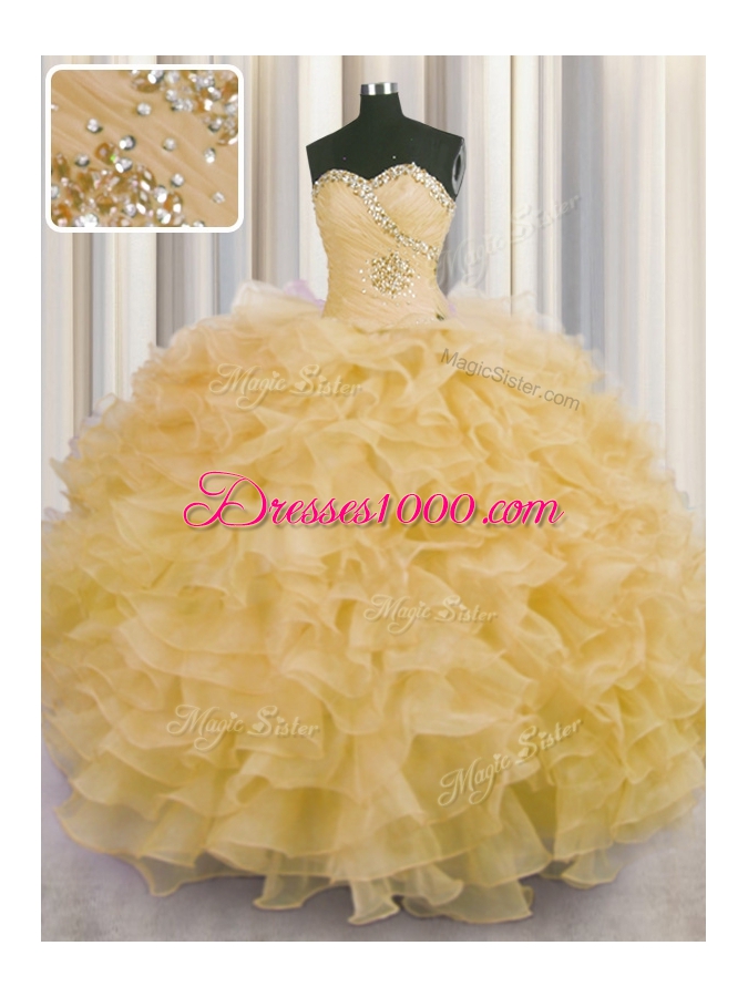 Organza Sweetheart Sleeveless Lace Up Beading and Ruffles Quinceanera Gown in Gold