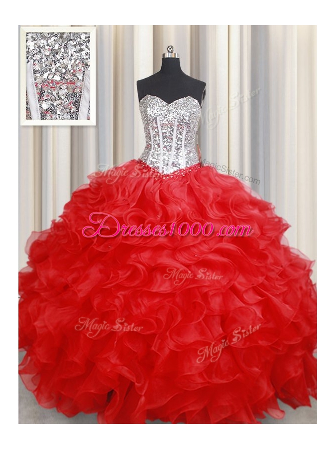 Red Lace Up Sweetheart Beading and Ruffles Ball Gown Prom Dress Organza Sleeveless