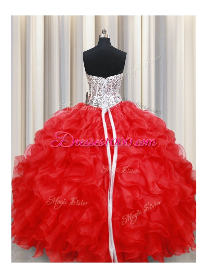 Red Lace Up Sweetheart Beading and Ruffles Ball Gown Prom Dress Organza Sleeveless