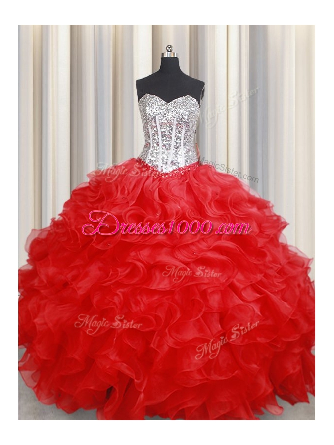 Red Lace Up Sweetheart Beading and Ruffles Ball Gown Prom Dress Organza Sleeveless