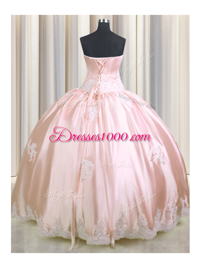 Romantic Baby Pink Ball Gowns Taffeta Strapless Sleeveless Beading and Appliques Floor Length Lace Up Vestidos de Quinceanera