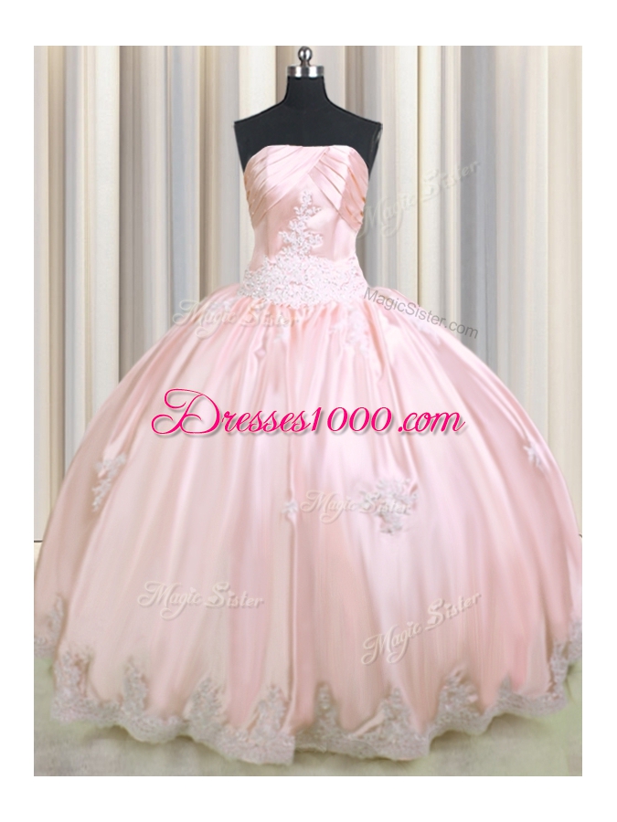 Romantic Baby Pink Ball Gowns Taffeta Strapless Sleeveless Beading and Appliques Floor Length Lace Up Vestidos de Quinceanera