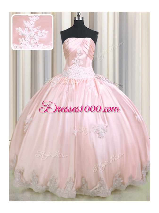 Romantic Baby Pink Ball Gowns Taffeta Strapless Sleeveless Beading and Appliques Floor Length Lace Up Vestidos de Quinceanera