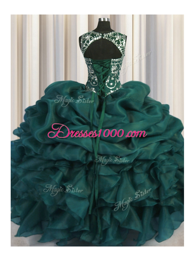 Scoop See Through Teal Sleeveless Beading and Sequins and Pick Ups Floor Length Sweet 16 Dress