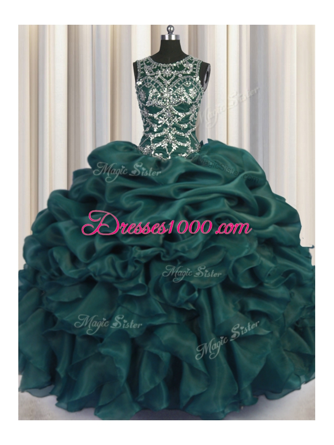 Scoop See Through Teal Sleeveless Beading and Sequins and Pick Ups Floor Length Sweet 16 Dress