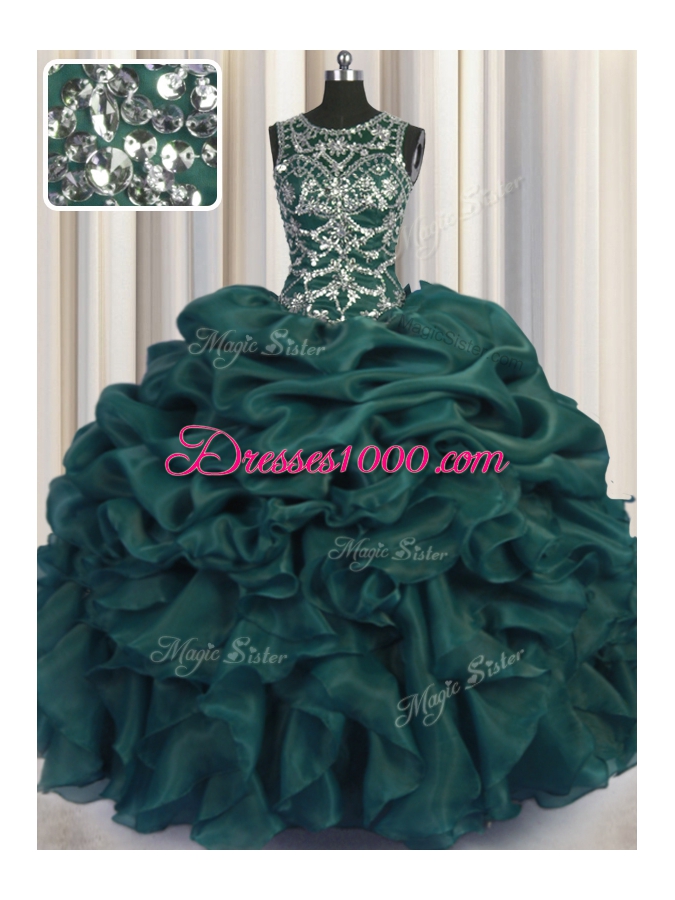 Scoop See Through Teal Sleeveless Beading and Sequins and Pick Ups Floor Length Sweet 16 Dress