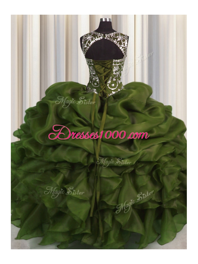 See Through Olive Green Organza Lace Up Scoop Sleeveless Floor Length Sweet 16 Quinceanera Dress Beading and Pick Ups