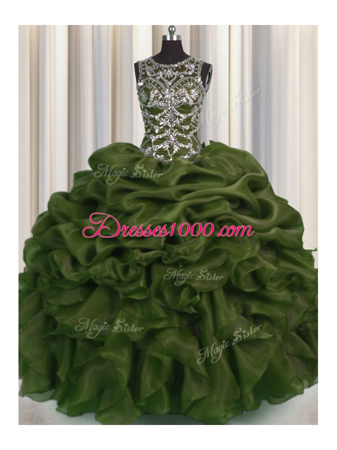 See Through Olive Green Organza Lace Up Scoop Sleeveless Floor Length Sweet 16 Quinceanera Dress Beading and Pick Ups