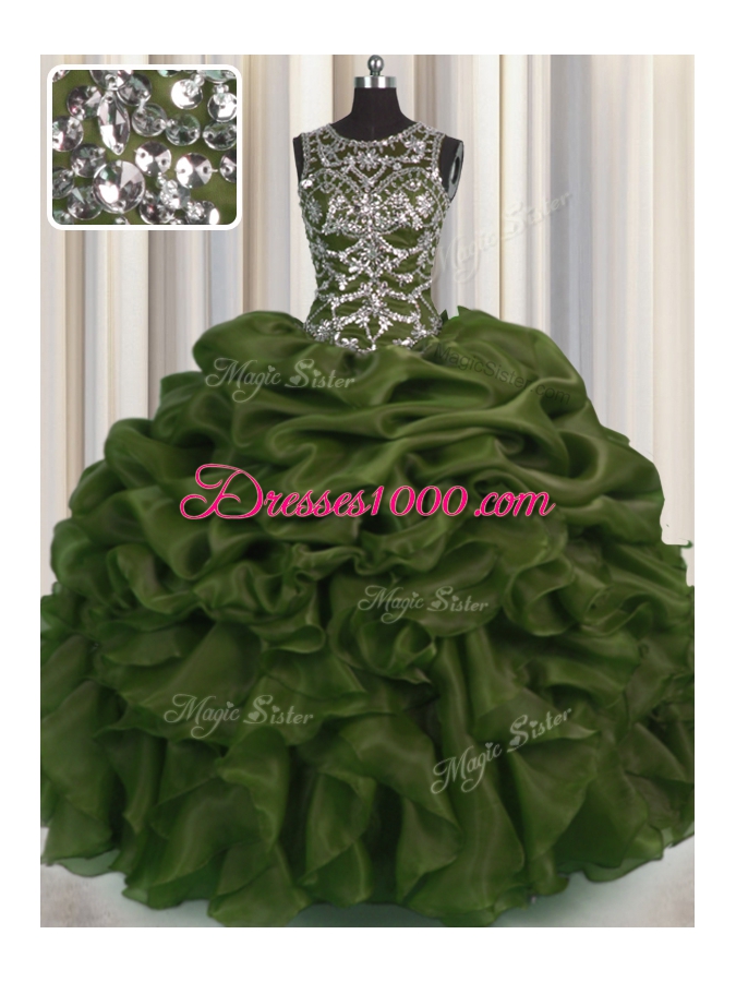 See Through Olive Green Organza Lace Up Scoop Sleeveless Floor Length Sweet 16 Quinceanera Dress Beading and Pick Ups