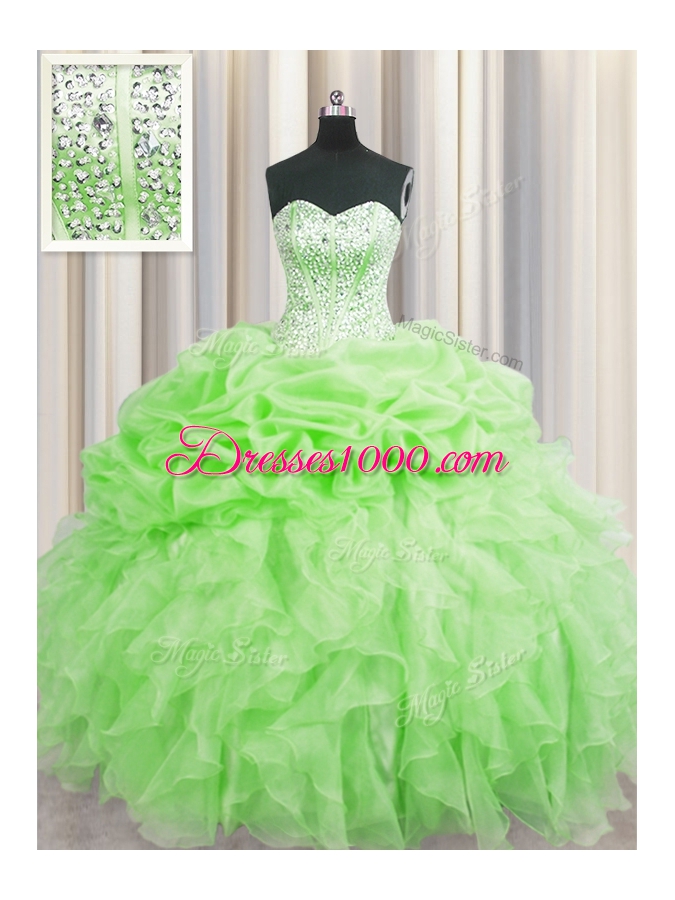 Visible Boning Lace Up Sweetheart Beading and Ruffles and Pick Ups Quinceanera Dress Organza Sleeveless