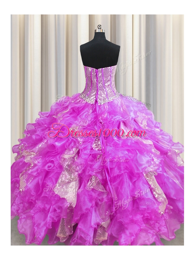 Visible Boning Lilac Ball Gowns Sweetheart Sleeveless Organza and Sequined Floor Length Lace Up Beading and Ruffles and Sequins Quinceanera Dress