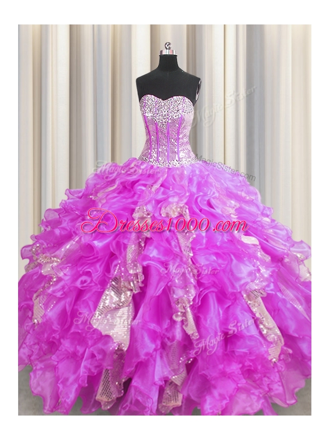 Visible Boning Lilac Ball Gowns Sweetheart Sleeveless Organza and Sequined Floor Length Lace Up Beading and Ruffles and Sequins Quinceanera Dress