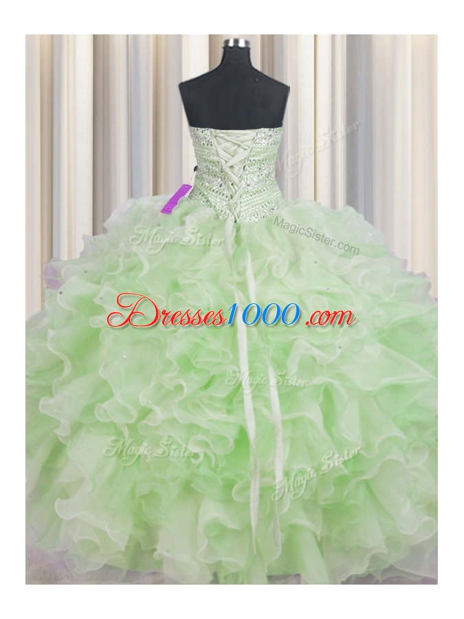 Beauteous Green Ball Gowns Organza Sweetheart Sleeveless Beading and Ruffles Floor Length Lace Up Quince Ball Gowns