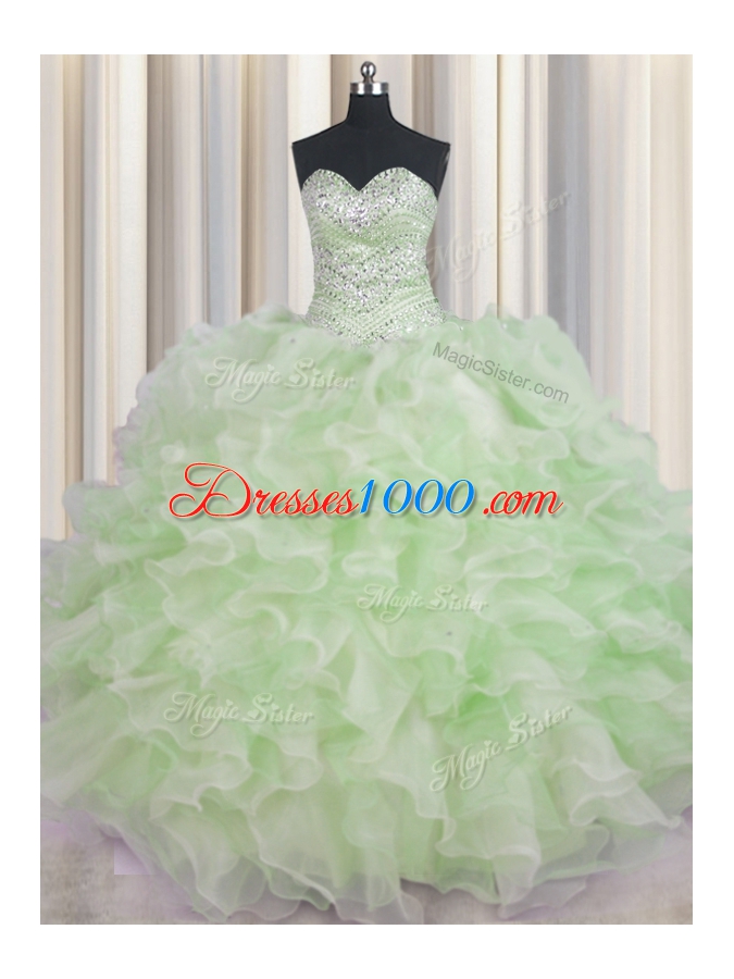Beauteous Green Ball Gowns Organza Sweetheart Sleeveless Beading and Ruffles Floor Length Lace Up Quince Ball Gowns