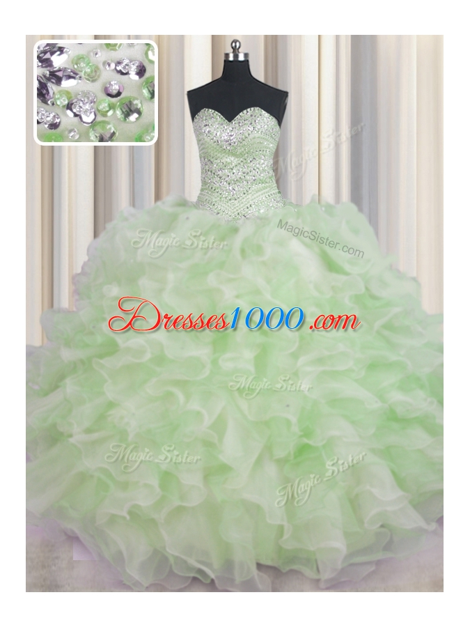 Beauteous Green Ball Gowns Organza Sweetheart Sleeveless Beading and Ruffles Floor Length Lace Up Quince Ball Gowns