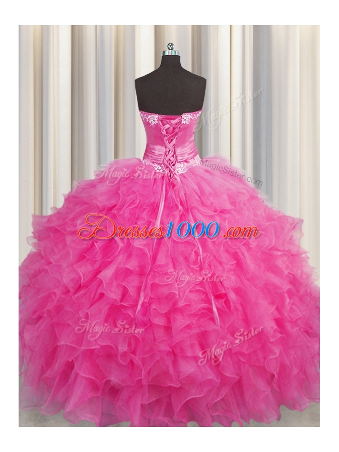 Cheap Handcrafted Flower Hot Pink Sweetheart Neckline Beading and Ruffles Ball Gown Prom Dress Sleeveless Lace Up
