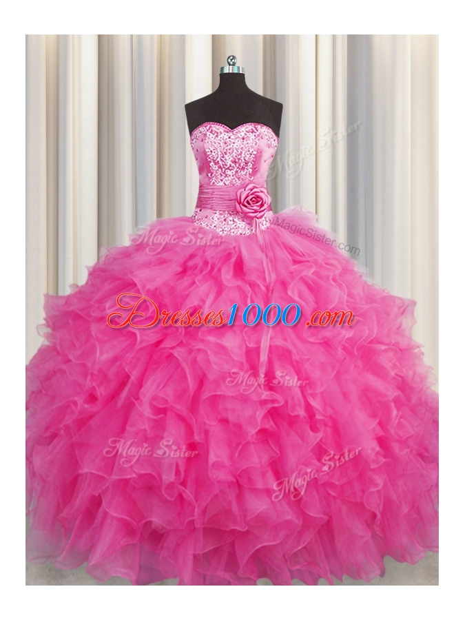 Cheap Handcrafted Flower Hot Pink Sweetheart Neckline Beading and Ruffles Ball Gown Prom Dress Sleeveless Lace Up