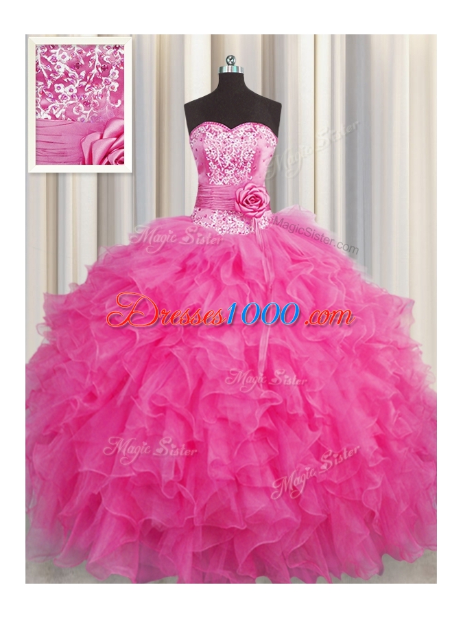 Cheap Handcrafted Flower Hot Pink Sweetheart Neckline Beading and Ruffles Ball Gown Prom Dress Sleeveless Lace Up