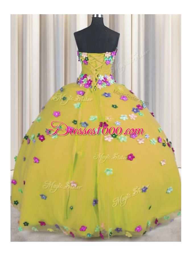 Colorful Gold Tulle Lace Up Quinceanera Dress Sleeveless Floor Length Hand Made Flower