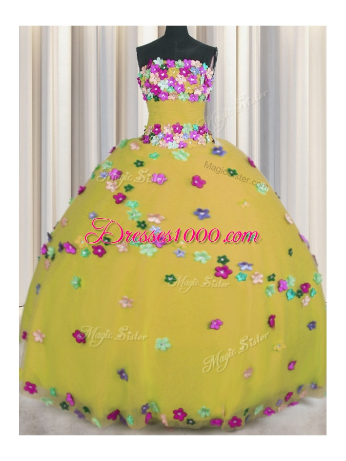 Colorful Gold Tulle Lace Up Quinceanera Dress Sleeveless Floor Length Hand Made Flower