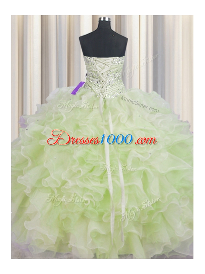Deluxe Yellow Green Ball Gowns Beading and Ruffles Quince Ball Gowns Lace Up Organza Sleeveless Floor Length