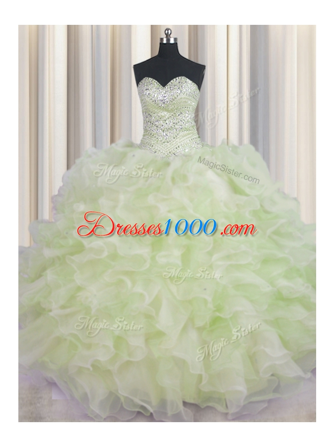 Deluxe Yellow Green Ball Gowns Beading and Ruffles Quince Ball Gowns Lace Up Organza Sleeveless Floor Length