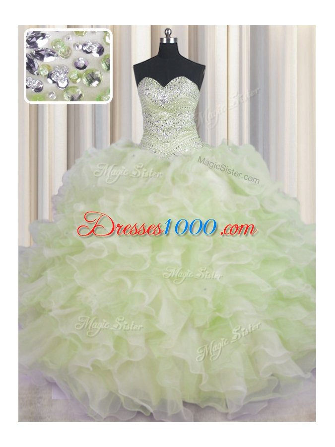 Deluxe Yellow Green Ball Gowns Beading and Ruffles Quince Ball Gowns Lace Up Organza Sleeveless Floor Length