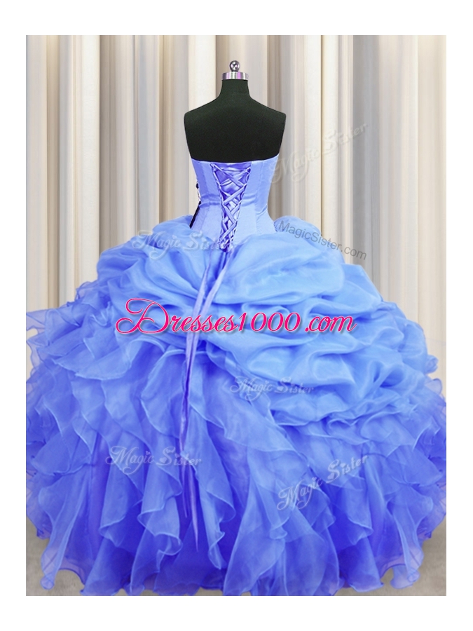 Exquisite Blue Sleeveless Floor Length Beading and Ruffles and Pick Ups Lace Up 15 Quinceanera Dress
