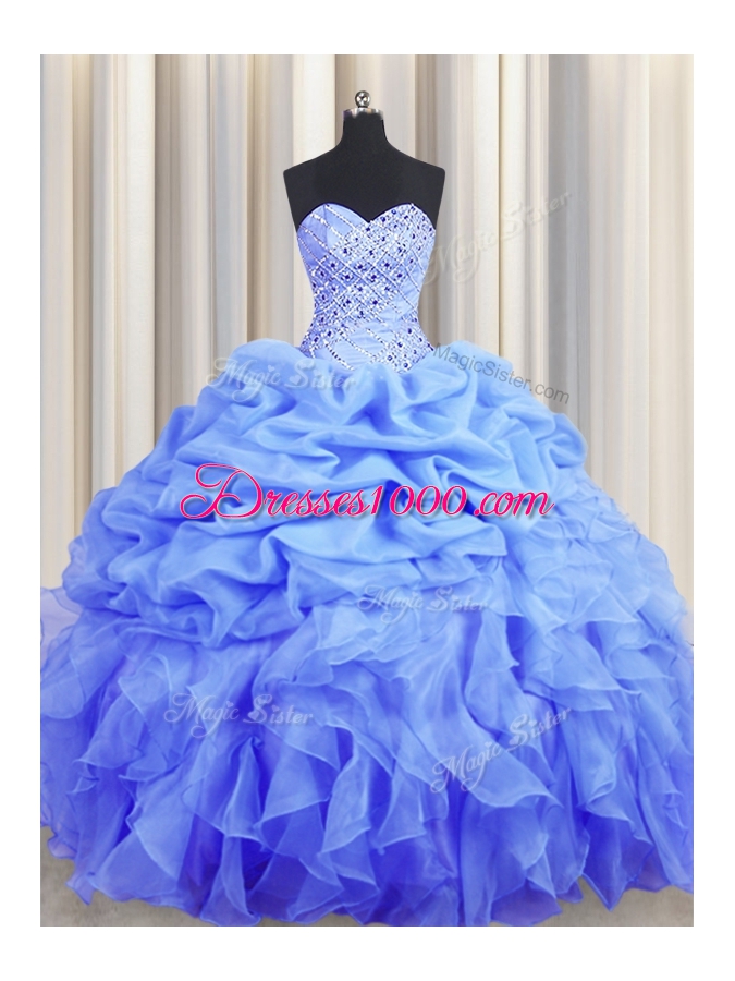Exquisite Blue Sleeveless Floor Length Beading and Ruffles and Pick Ups Lace Up 15 Quinceanera Dress