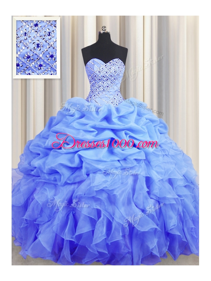 Exquisite Blue Sleeveless Floor Length Beading and Ruffles and Pick Ups Lace Up 15 Quinceanera Dress