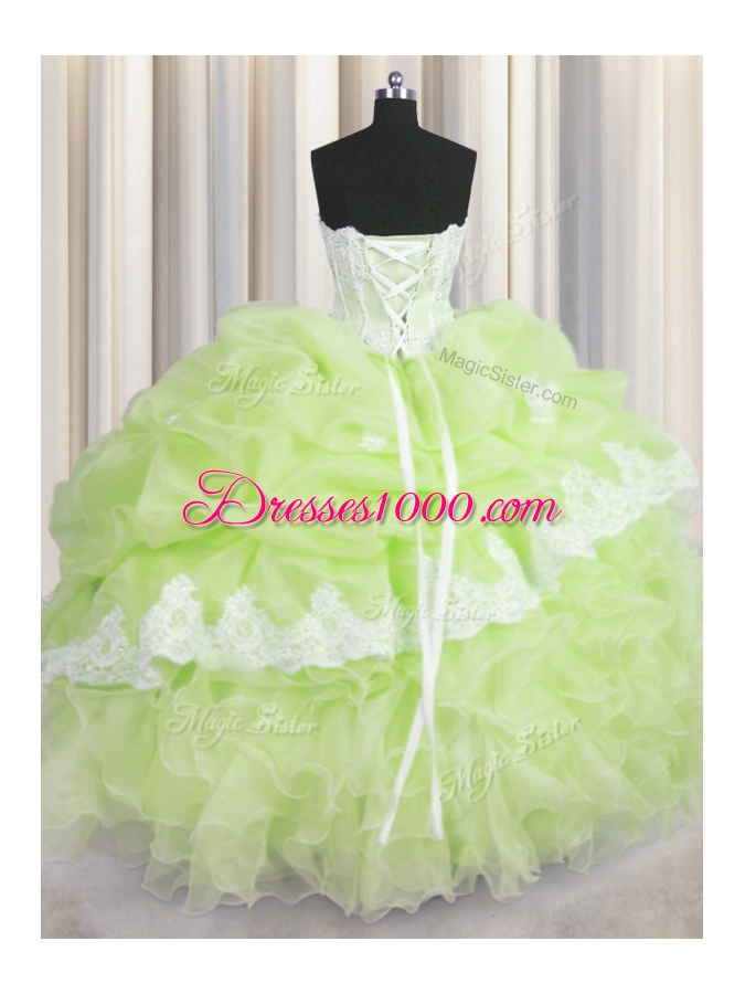 Fantastic Floor Length Yellow Green Quince Ball Gowns Organza Sleeveless Beading and Appliques and Ruffles and Pick Ups