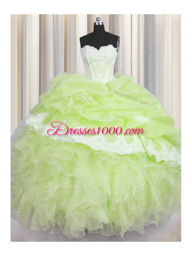Fantastic Floor Length Yellow Green Quince Ball Gowns Organza Sleeveless Beading and Appliques and Ruffles and Pick Ups