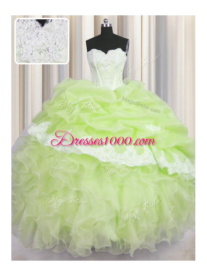 Fantastic Floor Length Yellow Green Quince Ball Gowns Organza Sleeveless Beading and Appliques and Ruffles and Pick Ups